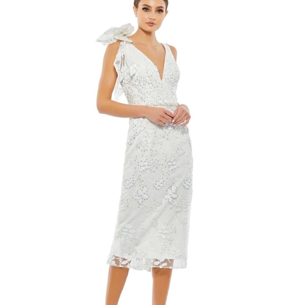 New Mac Duggal Size 8 FLORAL EMBELLISHED V-NECK MIDI dress SHOULDER BOW *Defect*